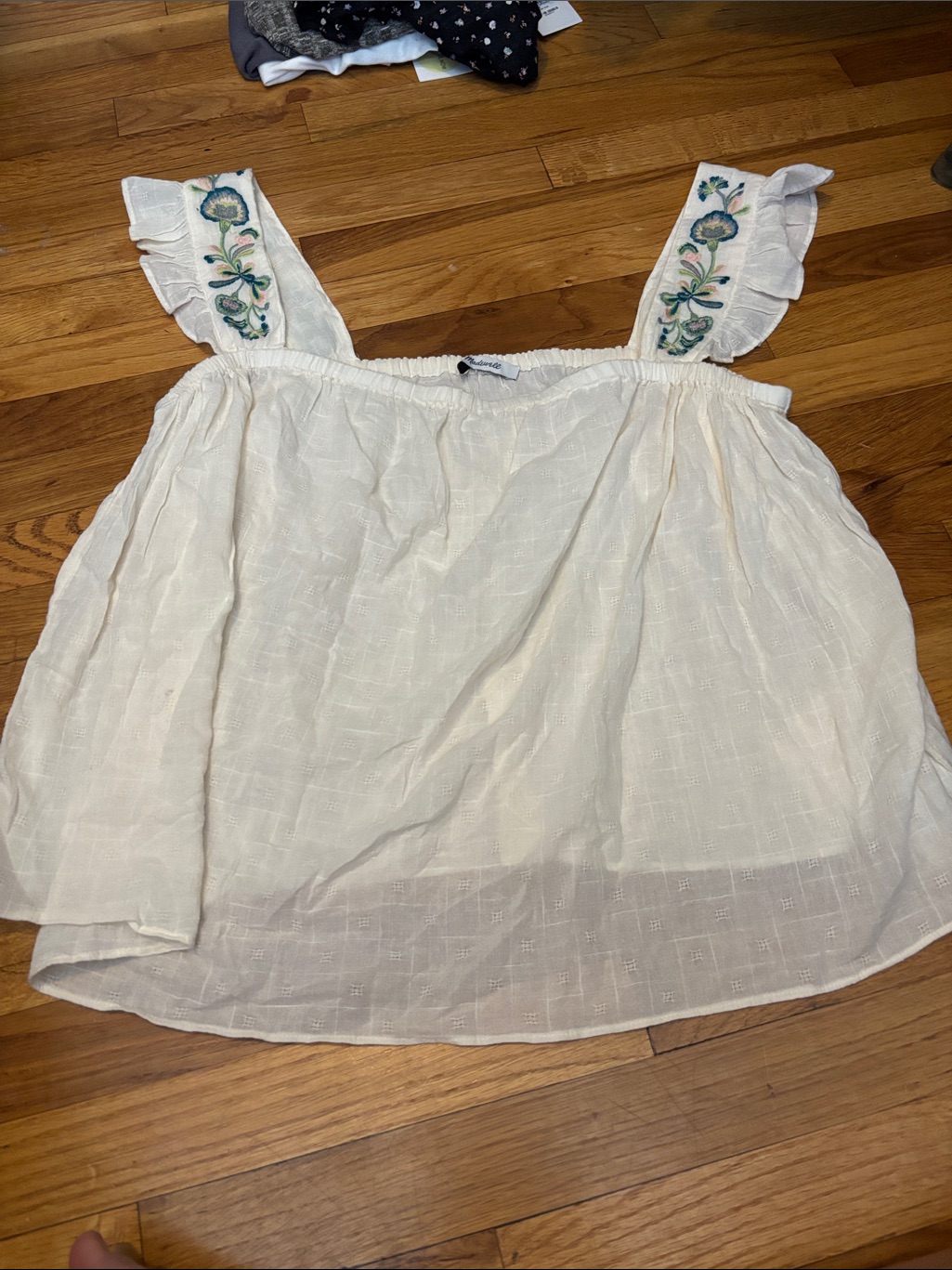 Madewell Cream Ruffle Strap Tank With Floral Embroidery